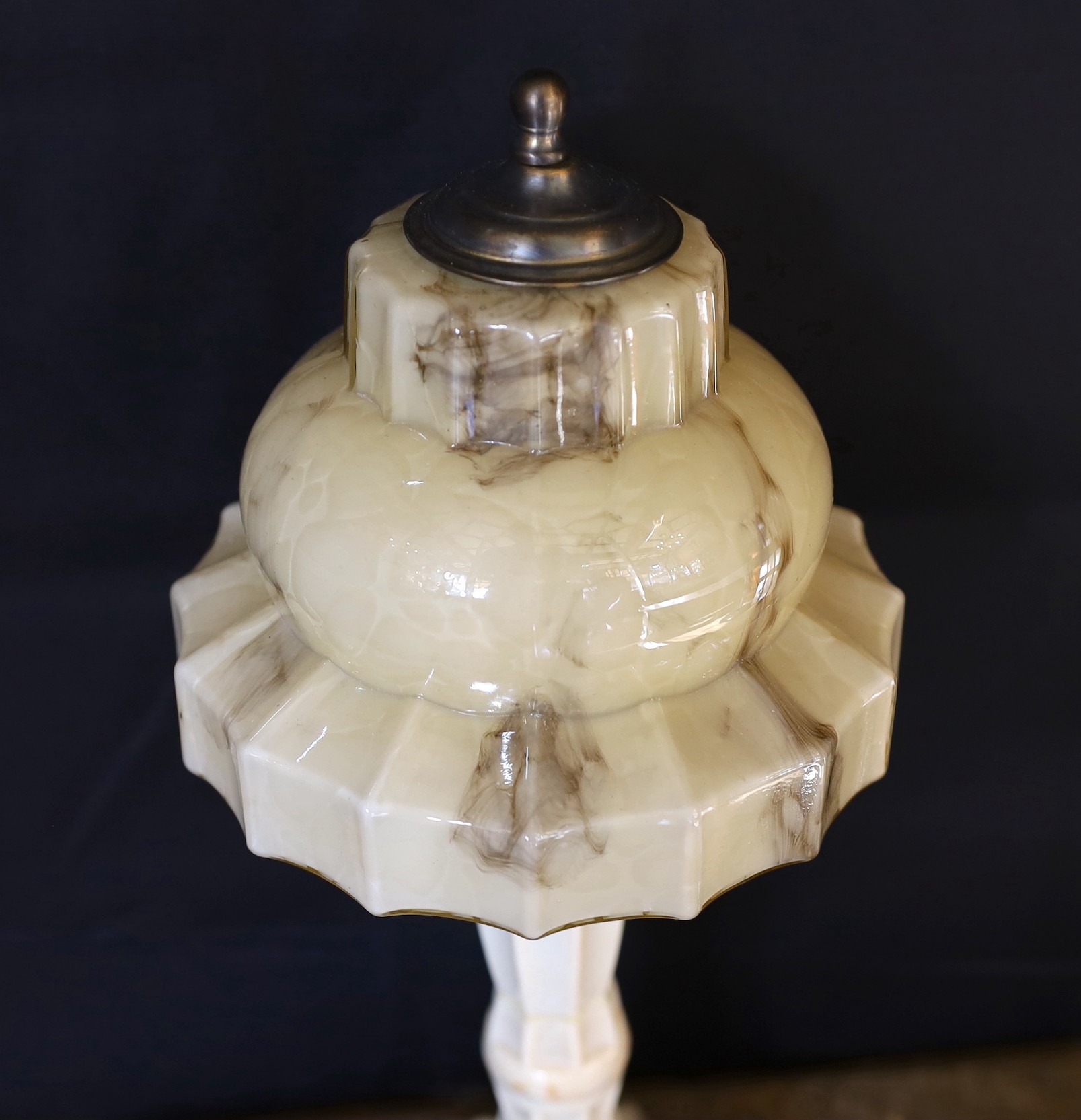 A Klampshade ‘Geni the lamp’ Bakelite table lamp, with associated marbled glass shade, height 35cm